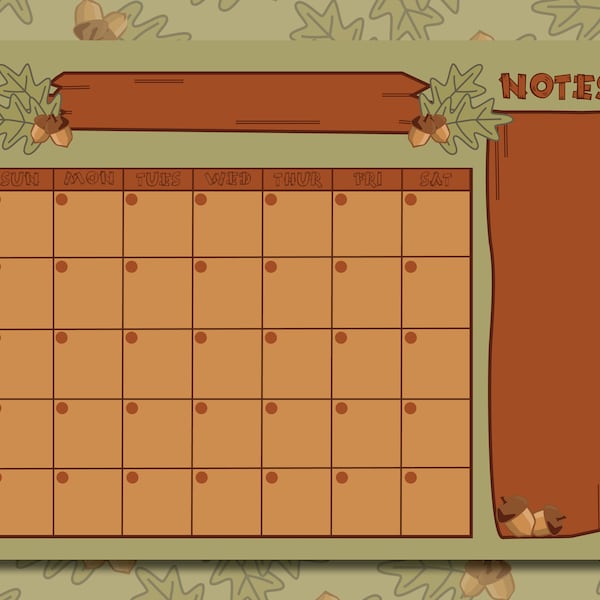 Cute Woodland Calendar | Notes Section | Reusable Monthly Calendar | Interactive PDF, PDF Print, & PNG | Acorn Theme | 8.5"x11" | Undated