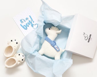 Newborn gift basket set ideas for newborn baby boy crochet off white llama toy alpaca booties from grandpa, grandma, grandparents 30/11