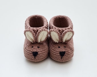 Newborn shoes crochet baby crib brown bunny booties for girl boy Unique organic coming home outfit for new mom pregnancy gift 08/10