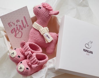 Newborn gift basket set ideas for newborn baby girl crochet pink llama toy alpaca booties from grandpa, grandma, grandparents 01/12