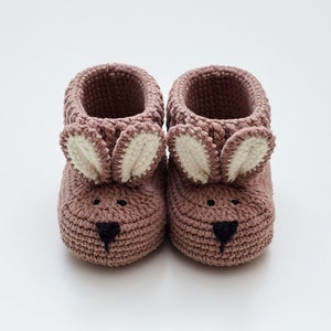 Newborn shoes crochet baby crib brown bunny booties for girl boy Unique organic coming home outfit for new mom pregnancy gift 08/10 zdjęcie 1