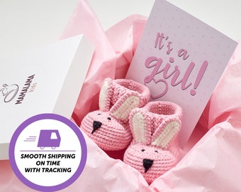 Baby girl gift Pink bunny booties for newborn
