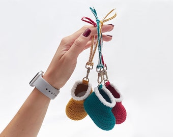 Christmas stocking fillers cute crochet baby bootie keychain souvenir. Organic pregnancy congrats new family addition favor set