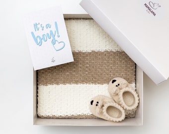 Newborn gift basket set ideas for newborn baby boy crochet beige bunny booties knit blanket from grandpa, grandma 13/12