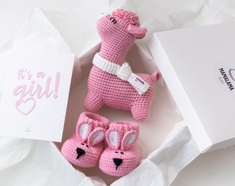 Newborn gift basket set ideas for newborn baby girl crochet pink llama toy bunny booties from grandpa, grandma, grandparents 02/12