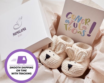 Pregnancy gift box for mom to be with cute unique crochet baby bunny booties. Organic newborn crib shoes basket expecting parents congrats