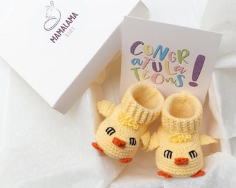 Pregnancy gift box with crochet baby chicken booties New baby welcome gift New mom dad parents reveal congrats newborn nursery photo prop