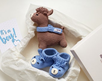 Baby boy shower idea Pregnancy reveal party gift box Cute sprinkle crochet llama set with plush alpaca toy funny booties New parents