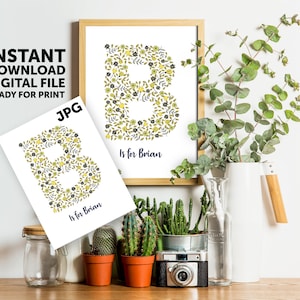 Letrero con nombre bohemio, impresión digital floral para guardería, descarga instantánea, póster personalizado con letras del alfabeto para bebé niño y niña, guardería 24/09
