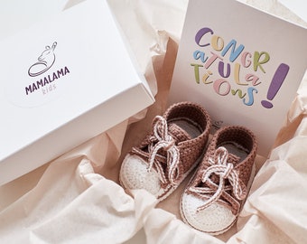 Newborn gift basket set ideas for newborn baby girl or baby boy crochet brown sneakers booties from grandpa, grandma, grandparents 18/12