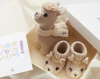 Schwangerschaft Geschenk für neue Mama Neugeborene Baby Ankündigung Dusche Junge Mädchen beige Taufe Lama Booties schwangere Schwester Freundin Tochter 29/12