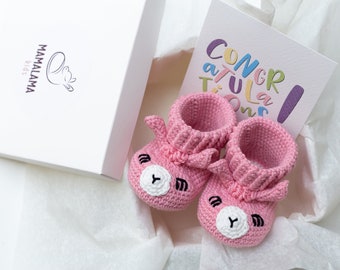 Newborn gift basket set ideas for newborn baby girl or baby boy crochet pink llama booties from grandpa, grandma, grandparents 18/11