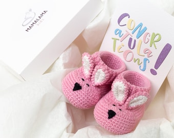 Pregnancy gift basket for new baby girl reveal Sweet pink bunny booties for newborn It's a girl baby shower New mom gift idea nursery 22/10