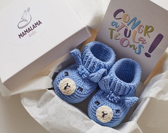 Baby boy pregnancy gift shower box idea Unique present set for mom to be Organic cotton newborn booties basket Llama animal soft shoes 19/11