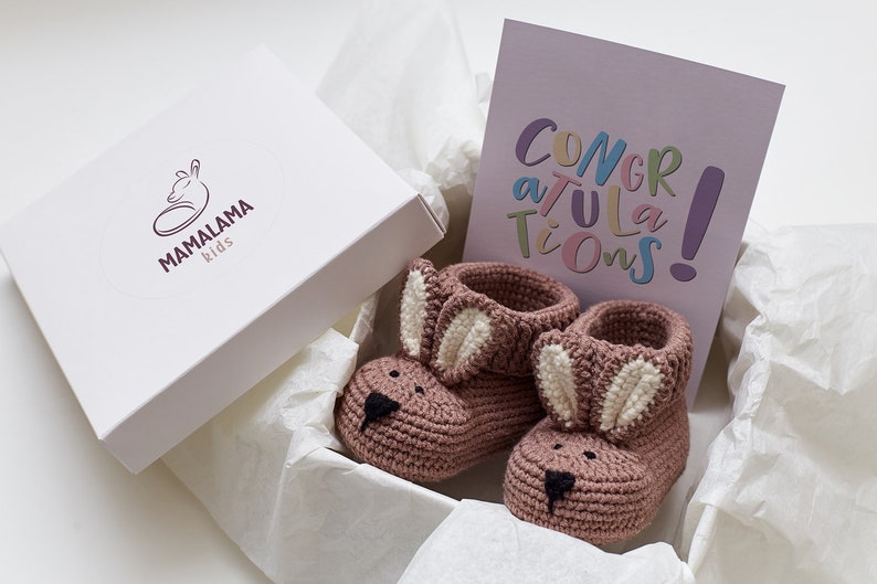 Newborn shoes crochet baby crib brown bunny booties for girl boy Unique organic coming home outfit for new mom pregnancy gift 08/10 Booties gift box
