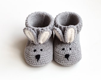 Newborn shoes crochet baby crib grey bunny booties for girl boy Unique organic coming home outfit for new mom pregnancy gift 30/10