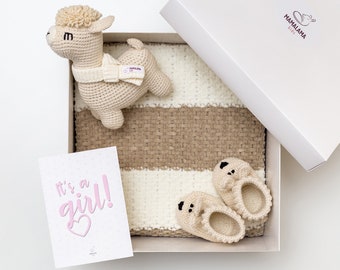 Congrats on pregnancy gift box with striped baby blanket crochet llama toy bunny booties