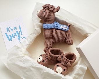 Newborn gift basket set ideas for newborn baby boy crochet brown llama toy alpaca booties from grandpa, grandma, grandparents 30/11