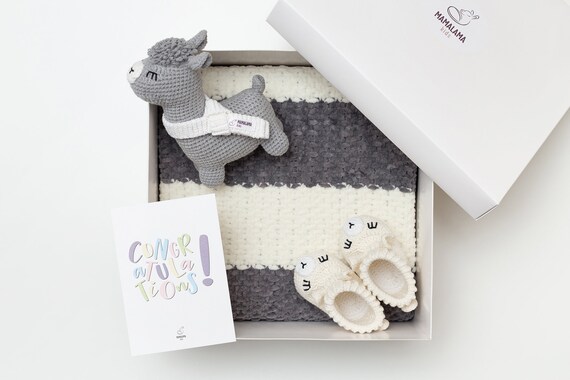 Newborn Gift Basket Set Ideas for Newborn Baby Girl or Baby Boy Crochet off White Gray Llama Toy Knit Blanket Crochet Bunny Booties 07 12 Etsy Canada