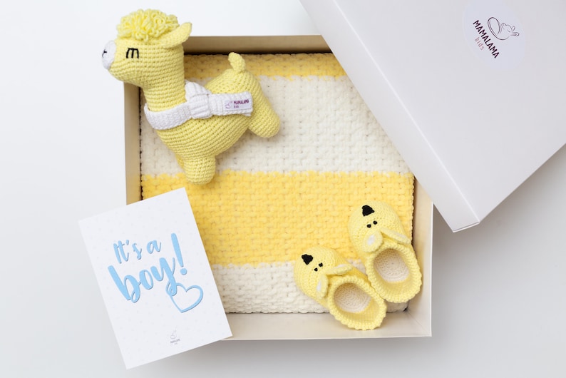 Newborn gift basket set ideas for newborn baby boy crochet off white yellow llama toy knit blanket crochet bunny booties 10/12 image 1