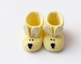 Newborn shoes crochet baby crib yellow bunny booties for girl boy Unique organic coming home outfit for new mom pregnancy gift 30/10