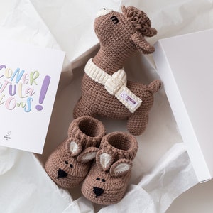 Newborn shoes crochet baby crib brown bunny booties for girl boy Unique organic coming home outfit for new mom pregnancy gift 08/10 Booties + llama toy