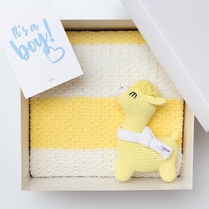 Baby gift New baby boy sprinkle shower newborn congrats basket Plush soft yellow llama toy blanket Organic Baby blessing one month old 23/12