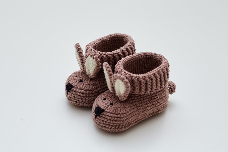 Newborn shoes crochet baby crib brown bunny booties for girl boy Unique organic coming home outfit for new mom pregnancy gift 08/10 zdjęcie 4