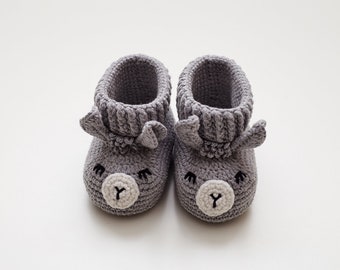 New mom gift basket with grey animal baby slippers. Unique crochet newborn soft sole boots. Cute llama shower gift idea Rustic nursery decor