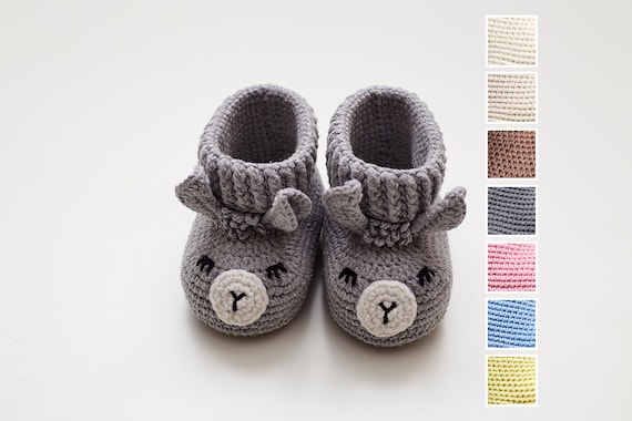 New mom gift basket with grey animal baby slippers. Unique crochet newborn soft sole boots. Cute llama shower gift idea Rustic nursery decor
