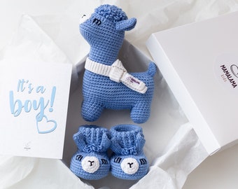 Newborn gift basket set ideas for newborn baby boy crochet blue llama toy alpaca booties from grandpa, grandma, grandparents 01/12