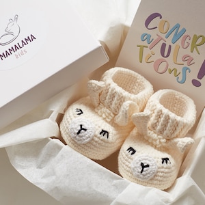 Unique pregnancy gift box for mom to be Cute animal llama booties New mom baby shower gift Newborn congratulations basket Expecting parent