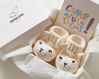 Unique pregnancy gift box for mom to be Cute animal llama booties New mom baby shower gift Newborn congratulations basket Expecting parent