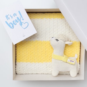 Baby gift New baby boy sprinkle shower newborn congrats basket Plush soft yellow llama toy blanket Organic Baby blessing one month old 23/12
