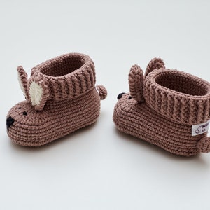 Newborn shoes crochet baby crib brown bunny booties for girl boy Unique organic coming home outfit for new mom pregnancy gift 08/10 image 7