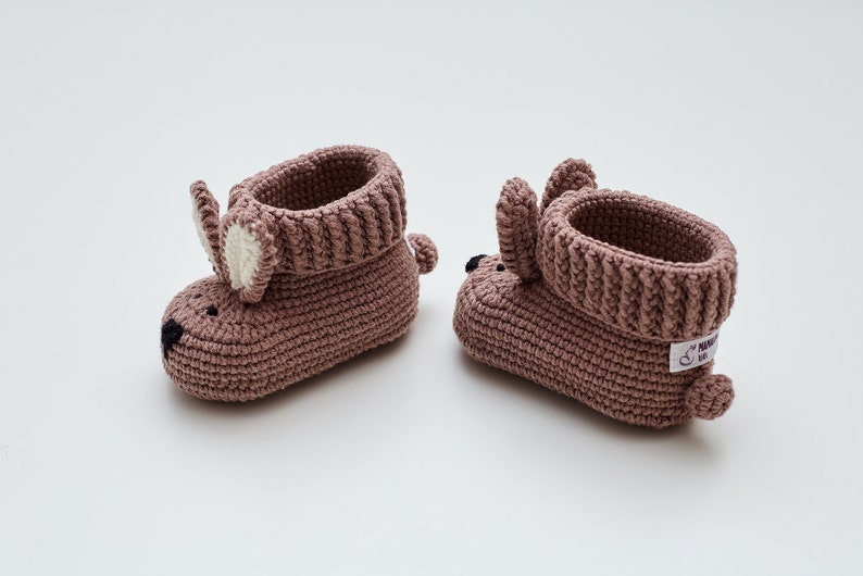 Newborn shoes crochet baby crib brown bunny booties for girl boy Unique organic coming home outfit for new mom pregnancy gift 08/10 zdjęcie 7