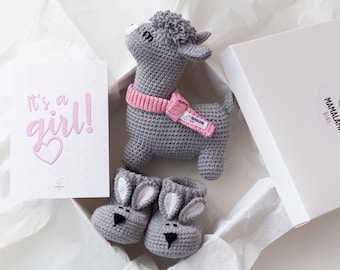 Newborn gift basket set ideas for newborn baby girl crochet gray llama toy bunny booties from grandpa, grandma, grandparents 02/12