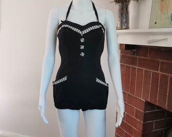 Maillot de bain noir des années 1940/1950, nageurs, maillot de bain avec licou