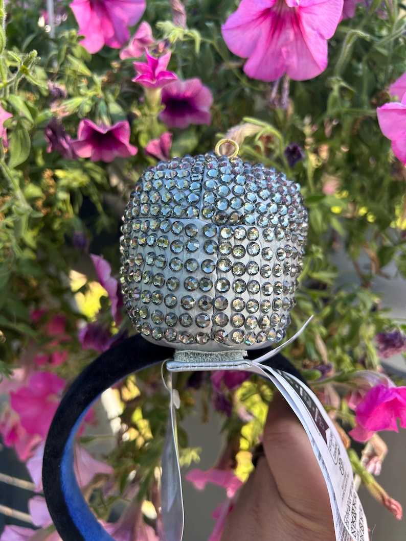 May include: A silver-colored, bedazzled decorative headpiece with a rounded top, adorned with numerous clear rhinestones. The headpiece is attached to a black headband with a blue interior. Pink flowers are in the background.