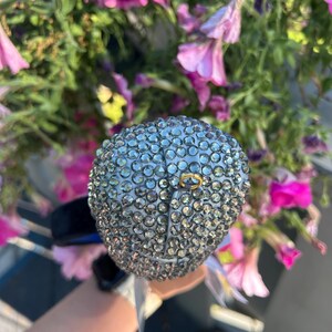 May include: A silver-colored, bedazzled ball-shaped object with a small gold ring attached. The object is held against a backdrop of pink and purple flowers.