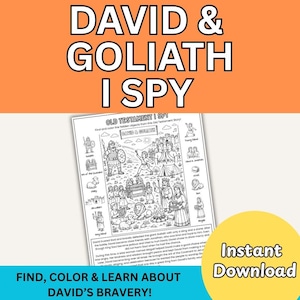 以下が含まれることがあります： David & Goliath I Spyと題された白黒の印刷可能なアクティビティシート。聖書の登場人物、動物、物体の線画イラストが描かれており、下部にはテキストの要約、側面には探して色を塗るアイテムのリストが記載されています。