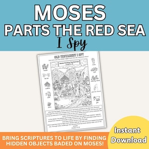 Puede incluir: Una hoja de actividades imprimible titulada "Moisés divide el Mar Rojo I Spy". La ilustración en blanco y negro representa a Moisés dividiendo el mar, con texto y objetos ocultos para encontrar. La hoja está diseñada para dar vida a las escrituras.