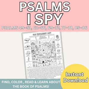 May include: A printable activity sheet titled Old Testament I Spy Psalms of Forgiveness featuring black and white line art illustrations of biblical scenes, figures, and objects to color, with descriptive text and scripture references included.