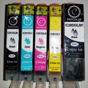May include: Five ink cartridges for a printer. The cartridges are labeled with the brand name "Procolor" and the ink colors: black, cyan, magenta, yellow. The cartridges are labeled with the ink codes: IC281XXLBK, IC281XXLC, IC281XXLM, IC281XXLY, IC280XXLBK. The cartridges are labeled "Edible Ink" and "Do not remove this label".