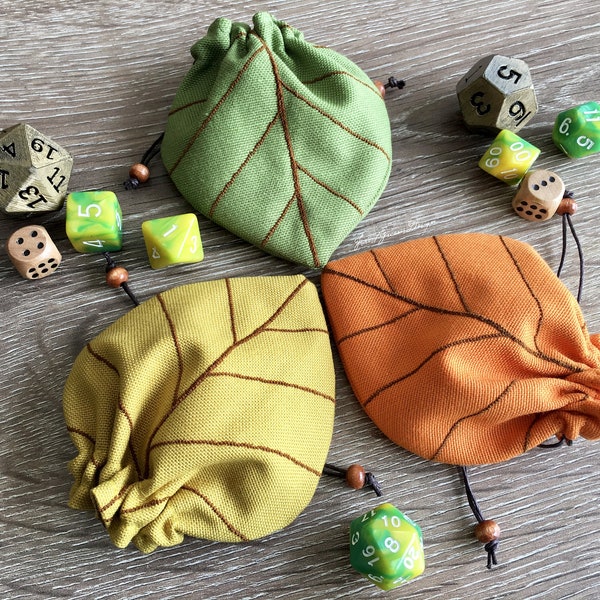 Leaf-like Dice Pouch, Leaf Rune Bag, Drawstring Druid DnD Bag, Green Rune Bag, Fantasy Coin Purse