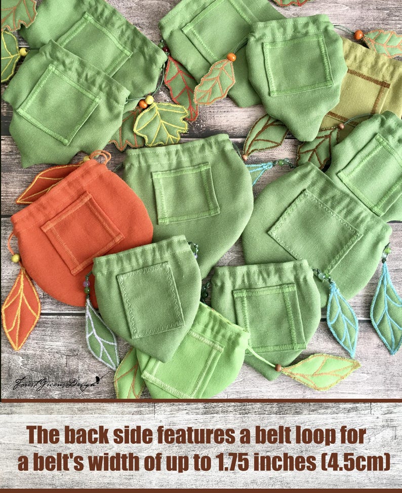 May include: A collection of green and orange pouches with a pocket on the front. The pouches are leaf-shaped and adorned with embroidered leaf accents. The back features a belt loop for a belt's width of up to 1.75 inches.