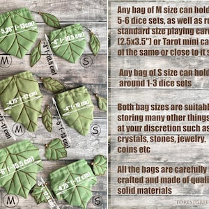 May include: Green leaf-shaped bags in two sizes, labeled M and S, with brown stitching details. The bags are displayed on a wooden surface. Text on the image states the bags can hold dice sets, runes, and other small items. Measurements are provided in inches and centimeters.