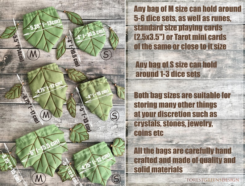 May include: Green leaf-shaped bags in two sizes, labeled M and S, with brown stitching details. The bags are displayed on a wooden surface. Text on the image states the bags can hold dice sets, runes, and other small items. Measurements are provided in inches and centimeters.