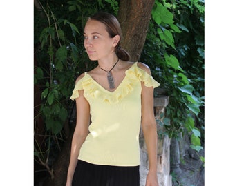 Ruffled halter top Off the shoulder top with straps Tank top Cotton strap top Sexy sleeveless top Summer top Knit top