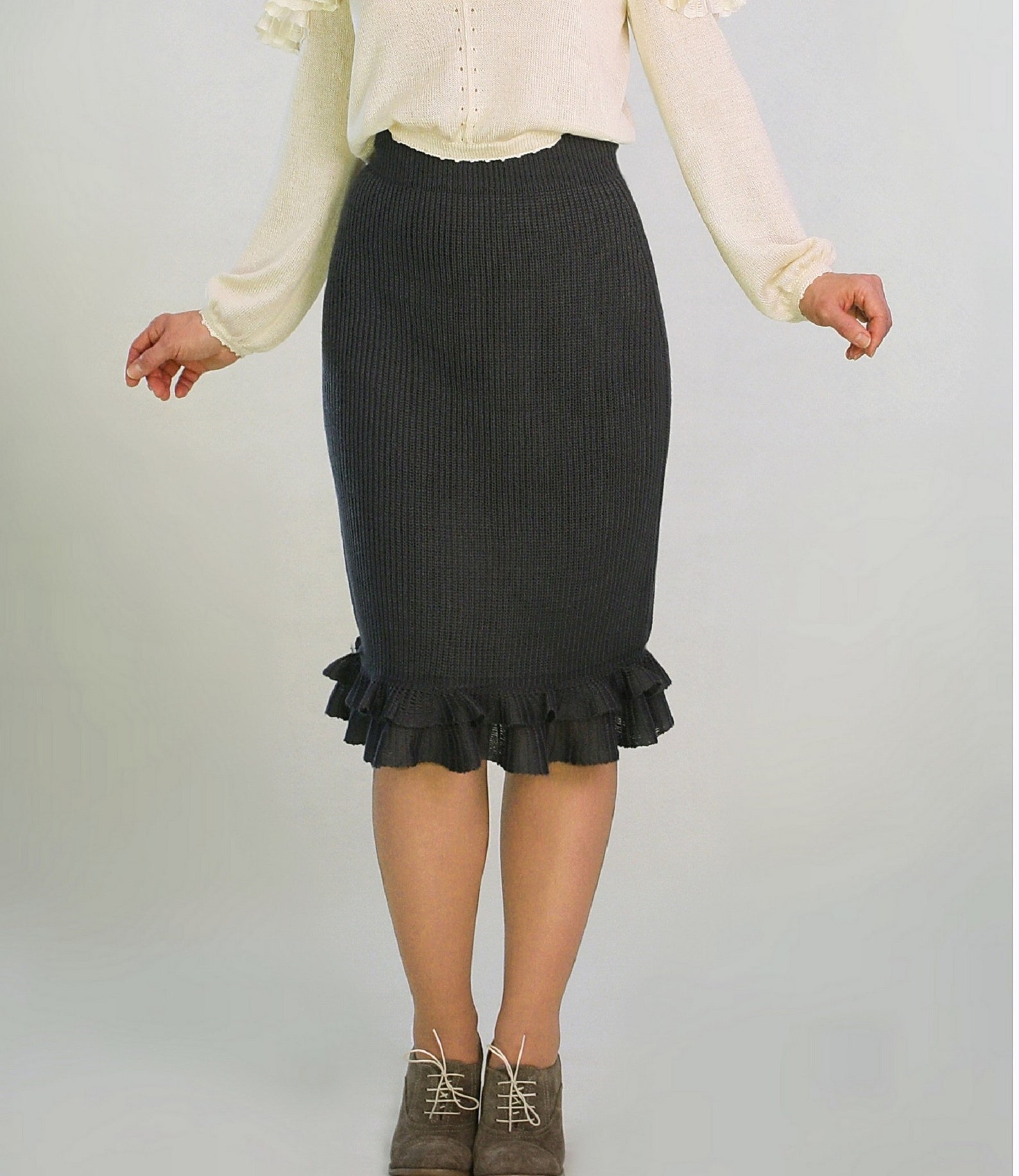 Knee length pencil skirt High waisted skirt with ruffles Wool Etsy